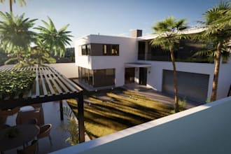 render 3d farm house loggia, backyard patio, veranda, pergola, villa loggia, cgi