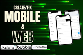 do app publish mobile app design on adalo, flutterflow, bubble io mvp app