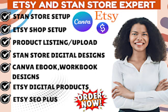set up stan store etsy shop,canva ebook designs,digital products planner design