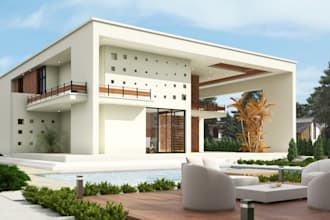 render 3d farm house loggia, backyard, patio, veranda, pergola, villa landscape