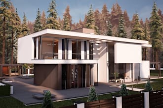 elegant 3d exterior design, landscape, patio, pool, elevation, render, facade