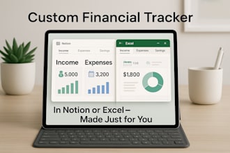 design custom financial trackers, savings income expenses notion excel templates