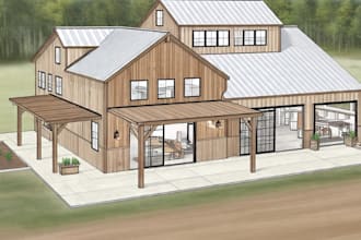 design custom barn dominium architectural plan and rendering