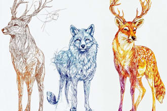 draw cartoon animals in sketchy line art with watercolor