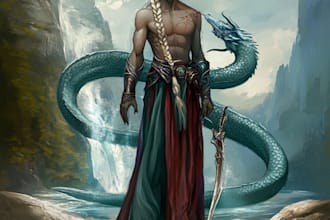 draw a realistic a fantasy character art with dinosaur
