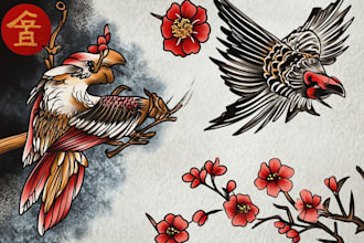 do awesome illustration in traditional japanese tattoo style