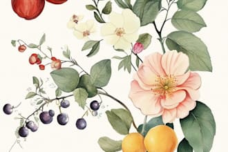 create a digital watercolor botanical illustration of flowers, plants, fruits