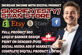 setup design etsy digital product shop, stan store marketing, print on demand