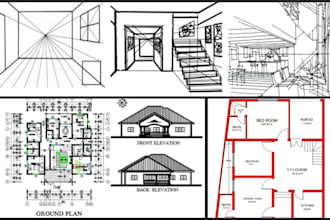 draft house elevation, autocad 2d floor plan, interior, drawings