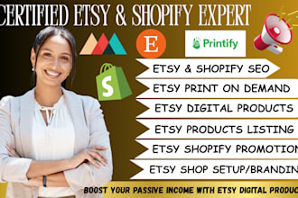 set up etsy digital products shop, etsy SEO listing, shopify store promotion