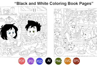 draw black and white coloring book pages for kids and adults