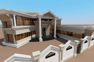 render 3d modern villa architectural exterior design, patios, garden, pool