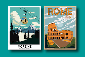 draw art deco, vintage or retro, modern travel poster
