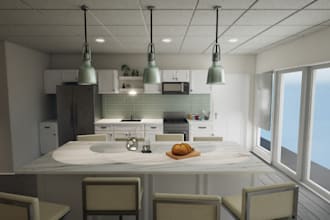 visualize stunning 3d kitchen interior space, cabinet, cupboard, sink, furniture