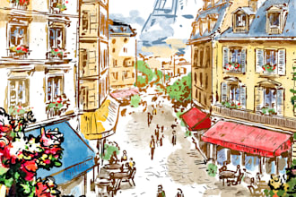 illustrate retro vintage city street panorama