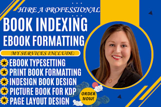 do ebook typesetting, book indexing, book page layout design, book formatting