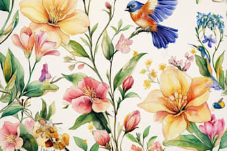 watercolor botanical illustrations of flowers and animals