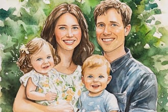 merge photos to watercolor family portrait illustration