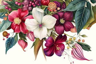 draw botanical illustrations of flowers, plants and fruits