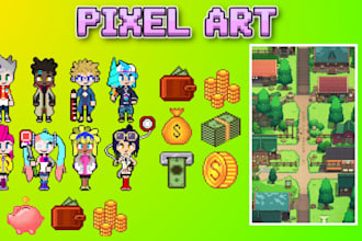create pixel art characters loop animation, game assets, sprite sheets, tilesets