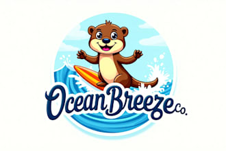 do fun and cheerful surfing otter mascot logo design