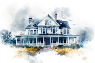 paint digital watercolor house, portrait illustrations