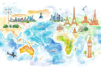 custom watercolor map illustration with landmarks, wedding