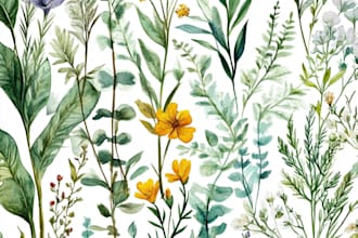 hand draw botanical illustration line art of plants, flowers