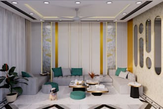 create interior design for cozy living room and renderings