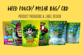 design psychedelic trippy weed packaging, mascot, mylar bag art cbd product