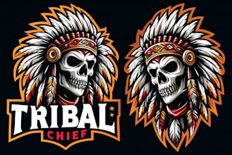 design tribal chief skull head sport mascot logo with unlimited revision