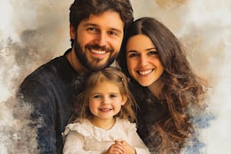 paint a family portrait into a digital watercolor painting with oil painting
