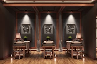 do 3d barber shop design, 3d coffer shop design,3d spa shop, 3d bakery shop