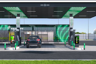 design a modern 3d gas station, fuel filling station, car wash