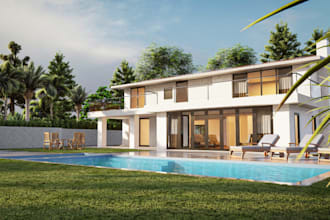 optimize 3dvilla exterior,modern facade structure,pool render,patio loggia,porch