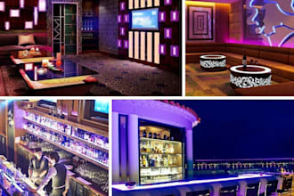 do 3d interior nightclub design, bar, poolside, stage show, pub, restaurant