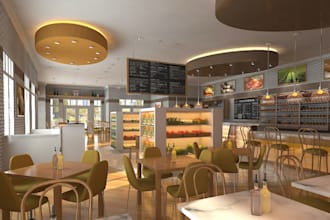 do 3d render café, coffee shop, pizza, bakery, restaurant, sauna and  lounge