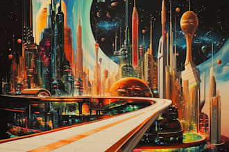 draw a science fiction city and cyberpunk art illustration