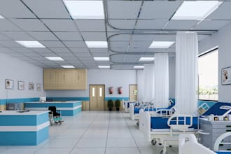 model and render interior, exterior 3d hospital, veterinary care center, clinic