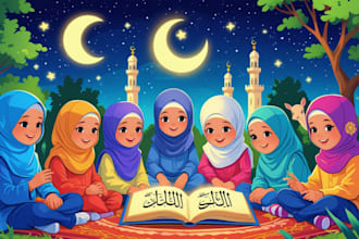 do islamic children book, muslim kids book illustration, arabic writing, for KDP