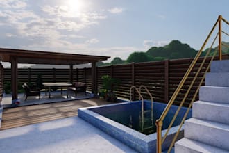 render, 3d front yard landscape,design,pavilion,pergola,gazebo,backyard,patio