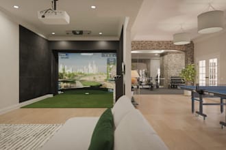 render 3dgolf showroom,gaming arena,8k golf simulator,sports facility,cgi render