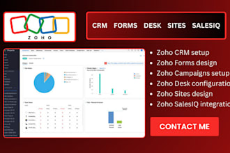 set up zoho CRM, zoho forms, zoho campaigns, zoho desk, zoho sites, zoho salesiq