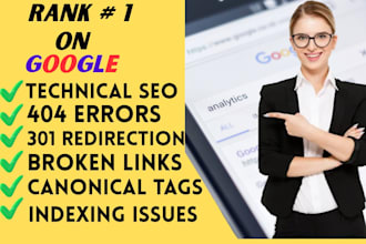 404 error fix, 301 redirect, broken links, canonical tags optimization