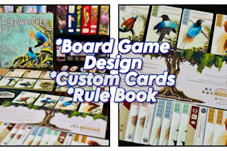 board game design, 52 custom card game deck, rulebook, and card box mock up