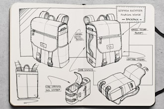 design tech pack for custom bags, handbags, wallet, tote, flat sketch, backpack