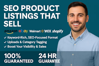 do product listing with SEO for amazon, ebay, walmart, shopify, and wix