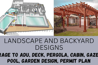 garage to adu, deck, pergola, cabin, gazebo, pool, garden design, permit plan