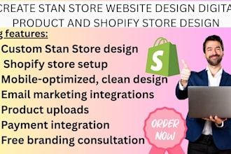 create stan store website design digital product and shopify store design