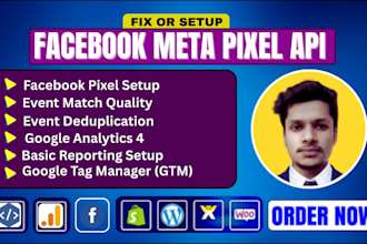 setup or fix facebook meta pixel, capi, ga4 server side tracking via GTM